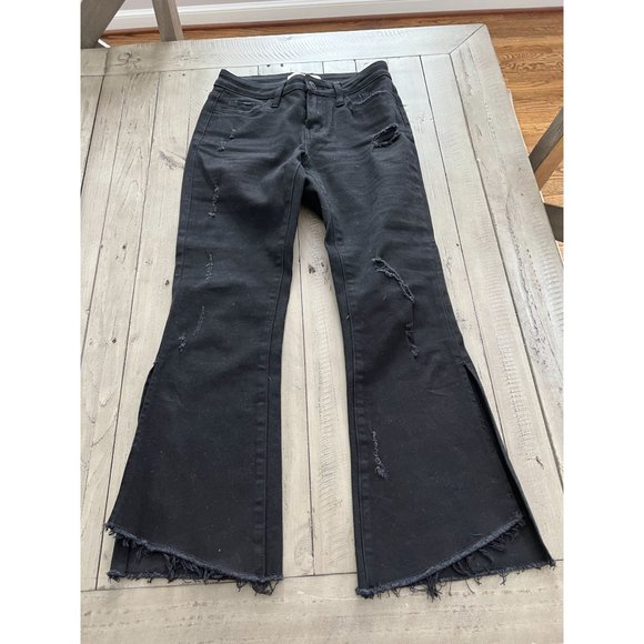 FLYING MONKEY Black - Mid Rise Crop Kick Flare Denim Jeans with Side Slit 24 - Picture 2 of 4